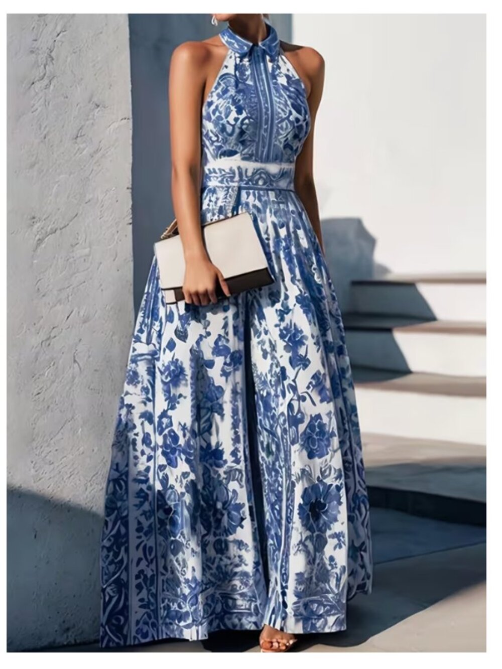 Blue and White Chinoiserie Porcelain Print Halter Maxi Dress size Medium